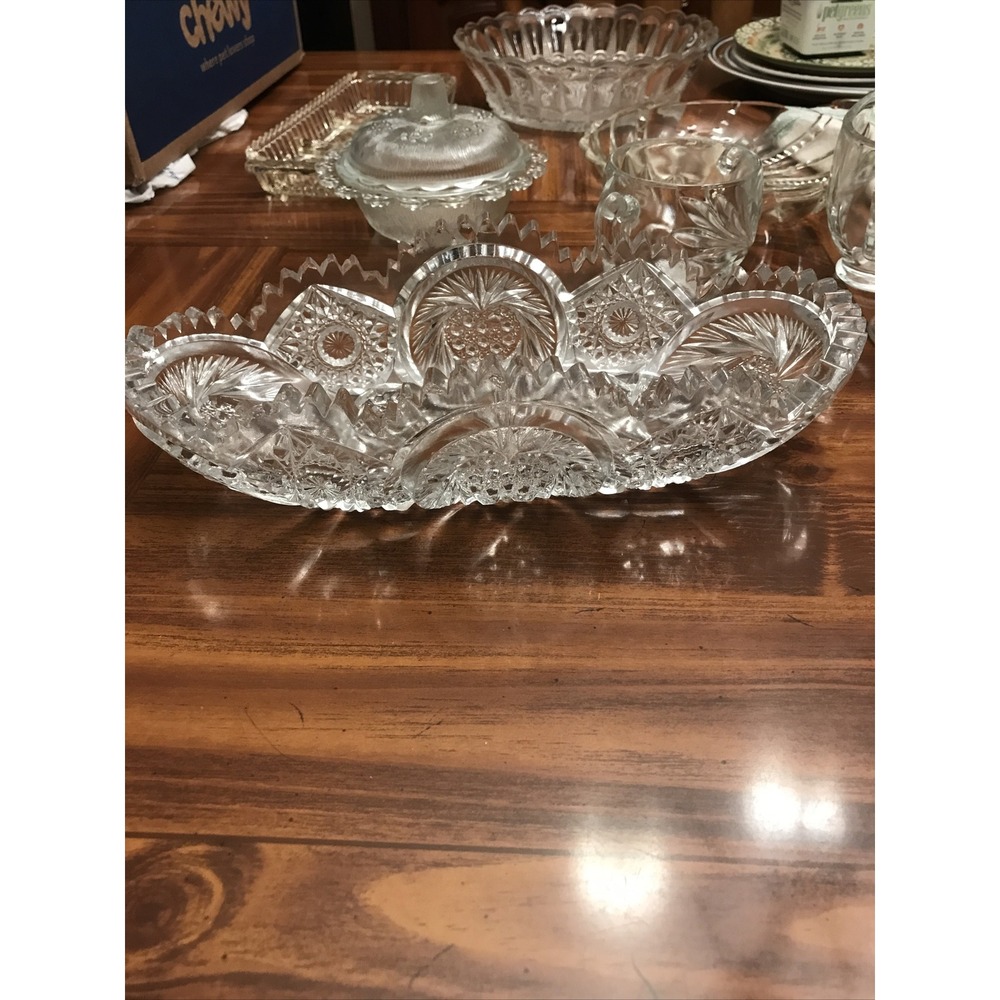Early‎ American press glass oblong bowl hearts whirling sparkling